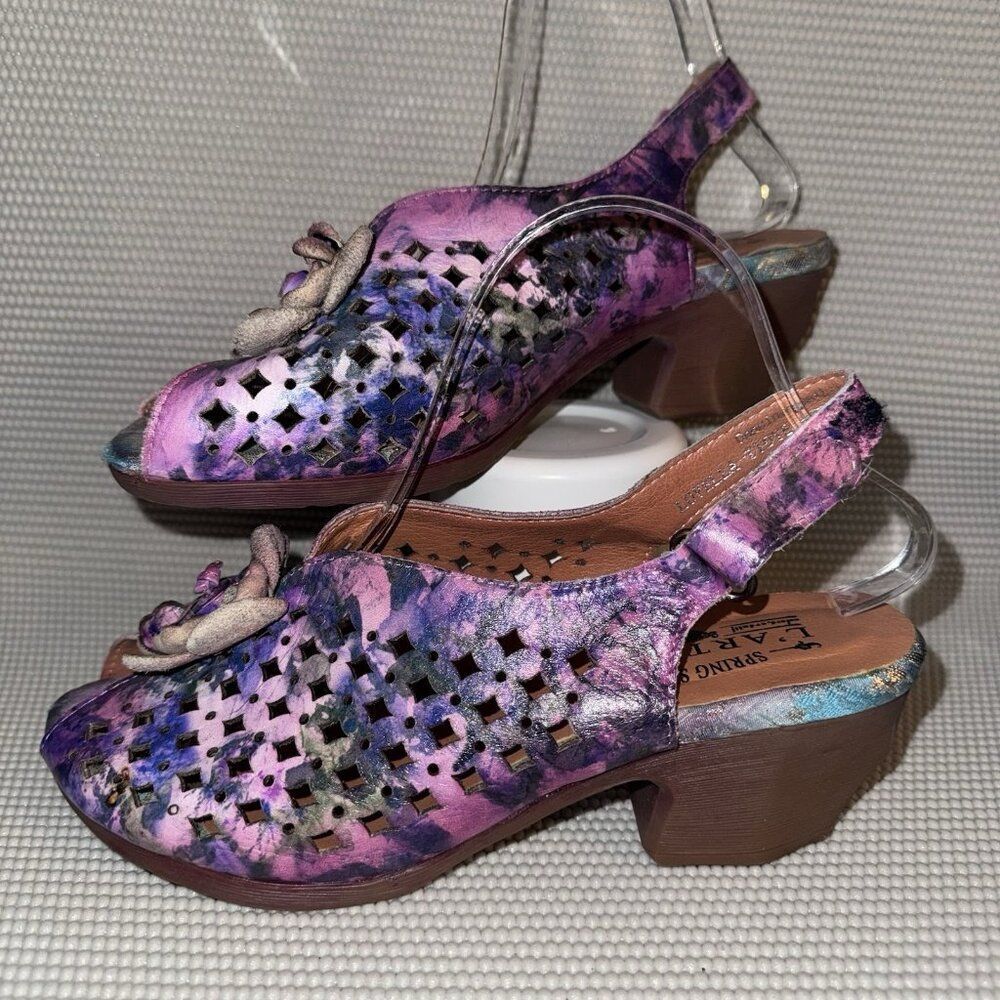 L'Artiste Spring Step Lovella-Tidye Purple Floral Leather Sandal Size EU 40 US 9